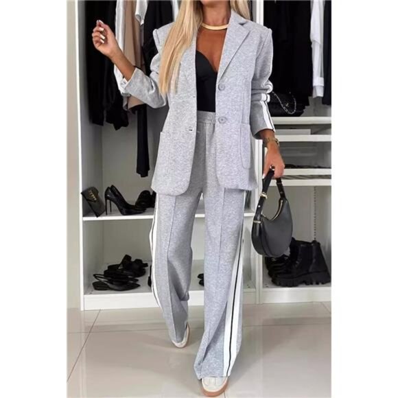 Full Size Contrast Lapel Collar Top and Pants Set - Picture 1 of 15